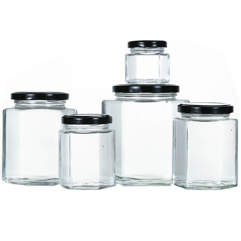 Wholesale Empty Hexagon 730ml 500ml 250ml 200ml Jams Spice Honey Glass Jar with Metal Lid